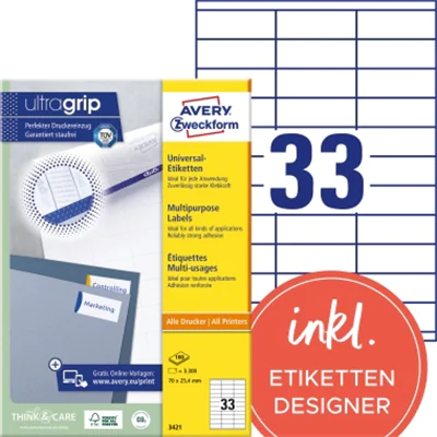 Avery Zweckform Universaletikett 3421 70x25,4mm weiß 3.300 St./Pack. Avery Zweckform Universaletikett 3421 70x25,4mm weiß 3.300 St./Pack.