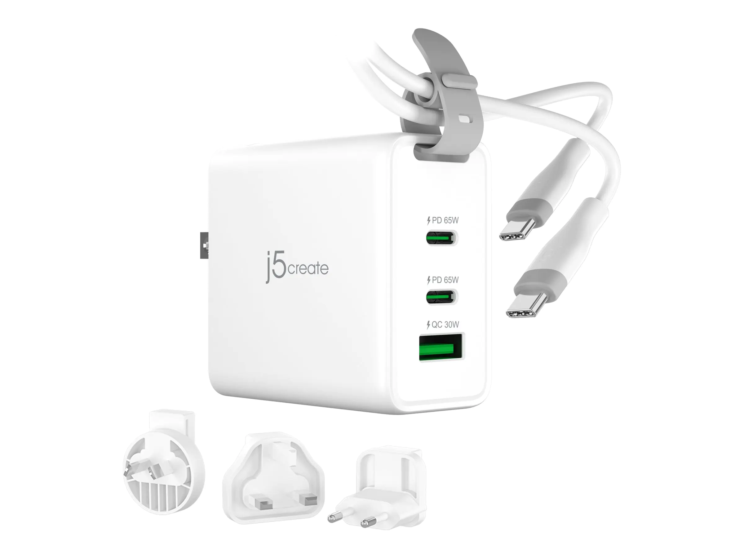 j5create Netzteil - 3-Port, GaN, mit wechselbaren AC-Steckdosen und USB-C-Kabel - 65 Watt - 3 A - PD 3.0, Apple 2.4A, Apple Fast Charge, USB BC 1.2, Fast Charge, QC 3.0, Super Charge - 3 Ausgabeanschlussstellen (2 x USB-C, USB) JUP3565CV-N