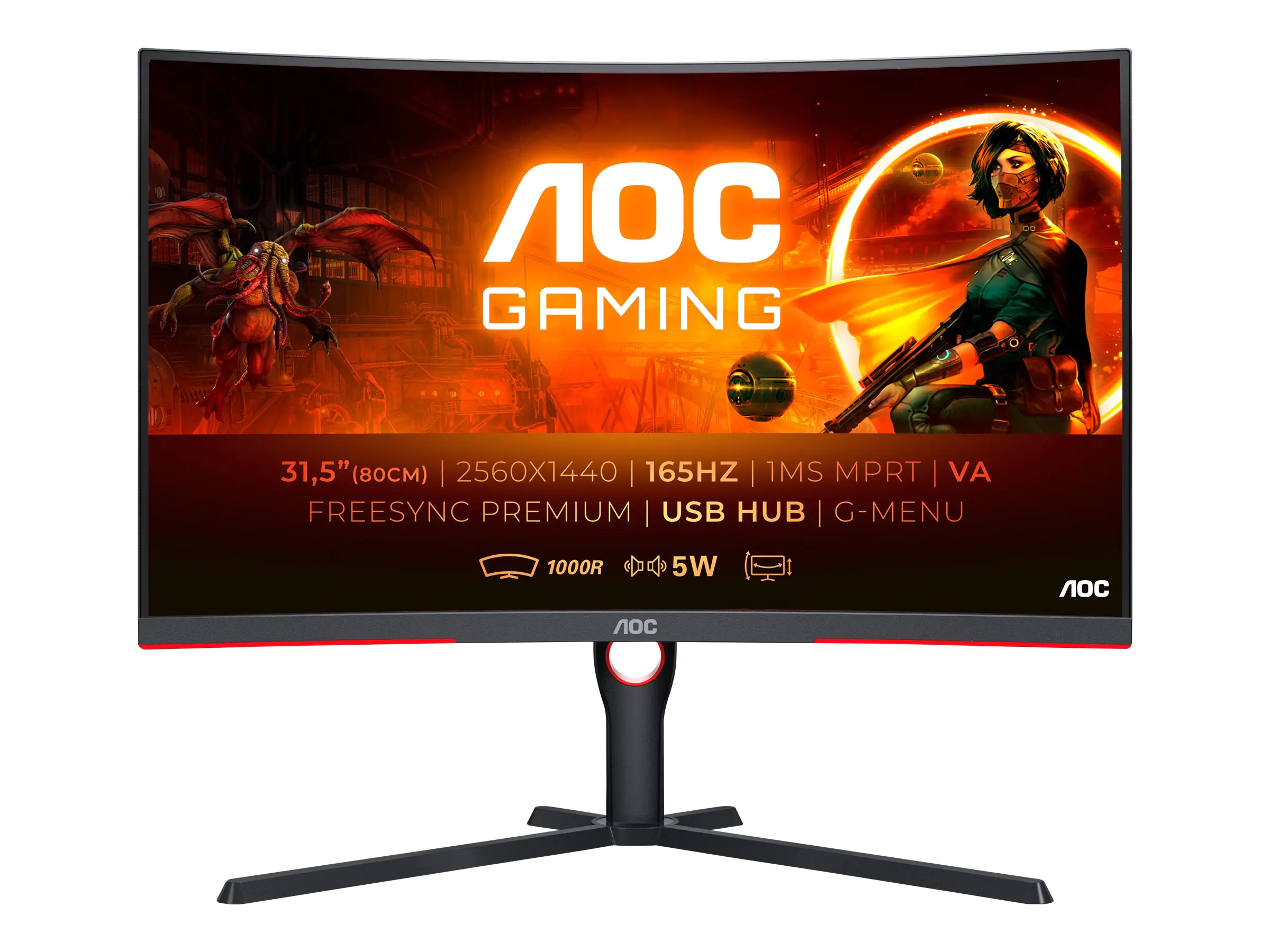 AOC Gaming CQ32G3SU/BK - LED-Monitor - Gaming - gebogen - 81.3 cm (32") (31.5" sichtbar) - 2560 x 1440 QHD @ 165 Hz - VA - 300 cd/m² - 1 ms - 2xHDMI, DisplayPort - Lautsprecher - Rot, Black Texture