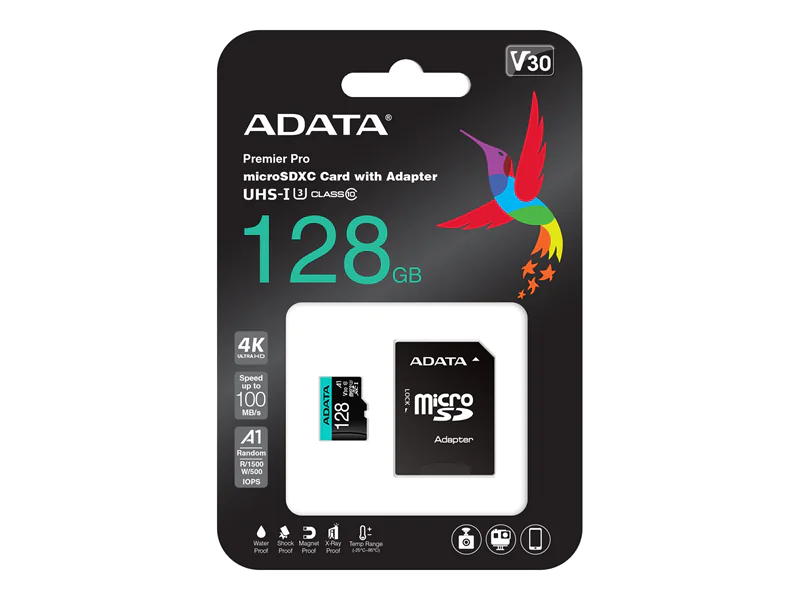 ADATA Premier Pro V30S - Flash-Speicherkarte (SD-Adapter inbegriffen) - 128 GB - A2 / Video Class V30 / UHS-I U3 / Class10 - microSDXC UHS-I