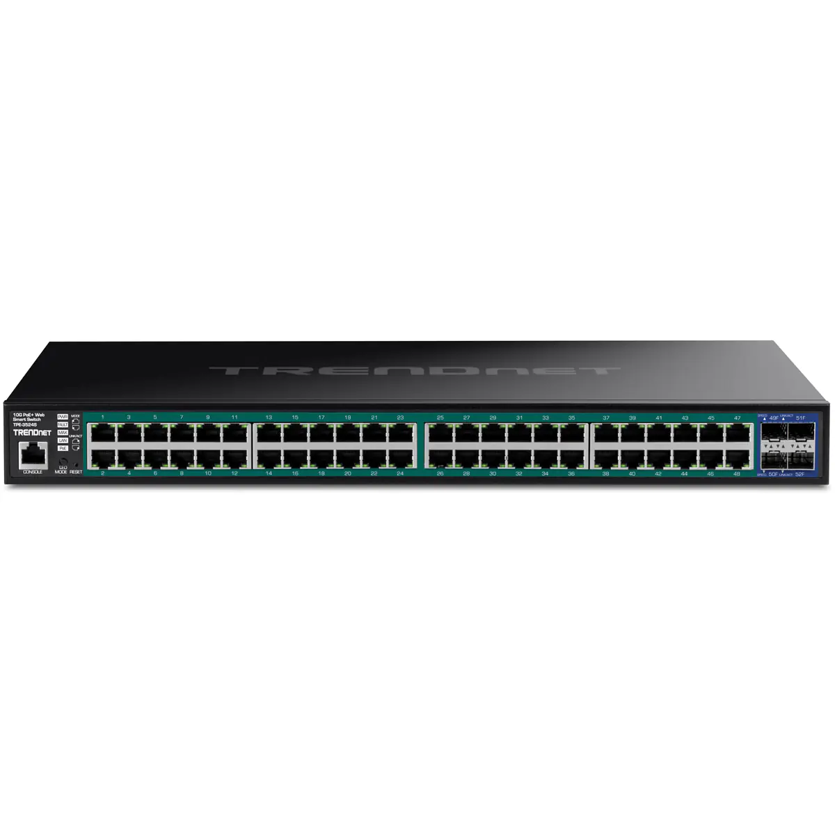 Trendnet TPE-3524SF - Switch - 52 Ports, Web - L2+ - Smart - 48 x 10/100/1000 (PoE+) + 4 x 10 Gigabit SFP+ - Desktop, an Rack montierbar - PoE+ (740 W) - TAA-konform