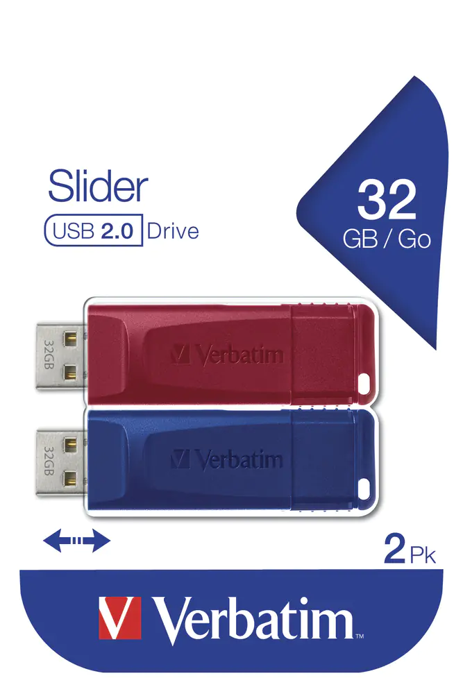 Verbatim Slider - USB-Flash-Laufwerk - 32 GB - USB 2.0 - Blau, Rot (Packung mit 2) Verbatim Slider - USB-Flash-Laufwerk - 32 GB - USB 2.0 - Blau, Rot (Packung mit 2)