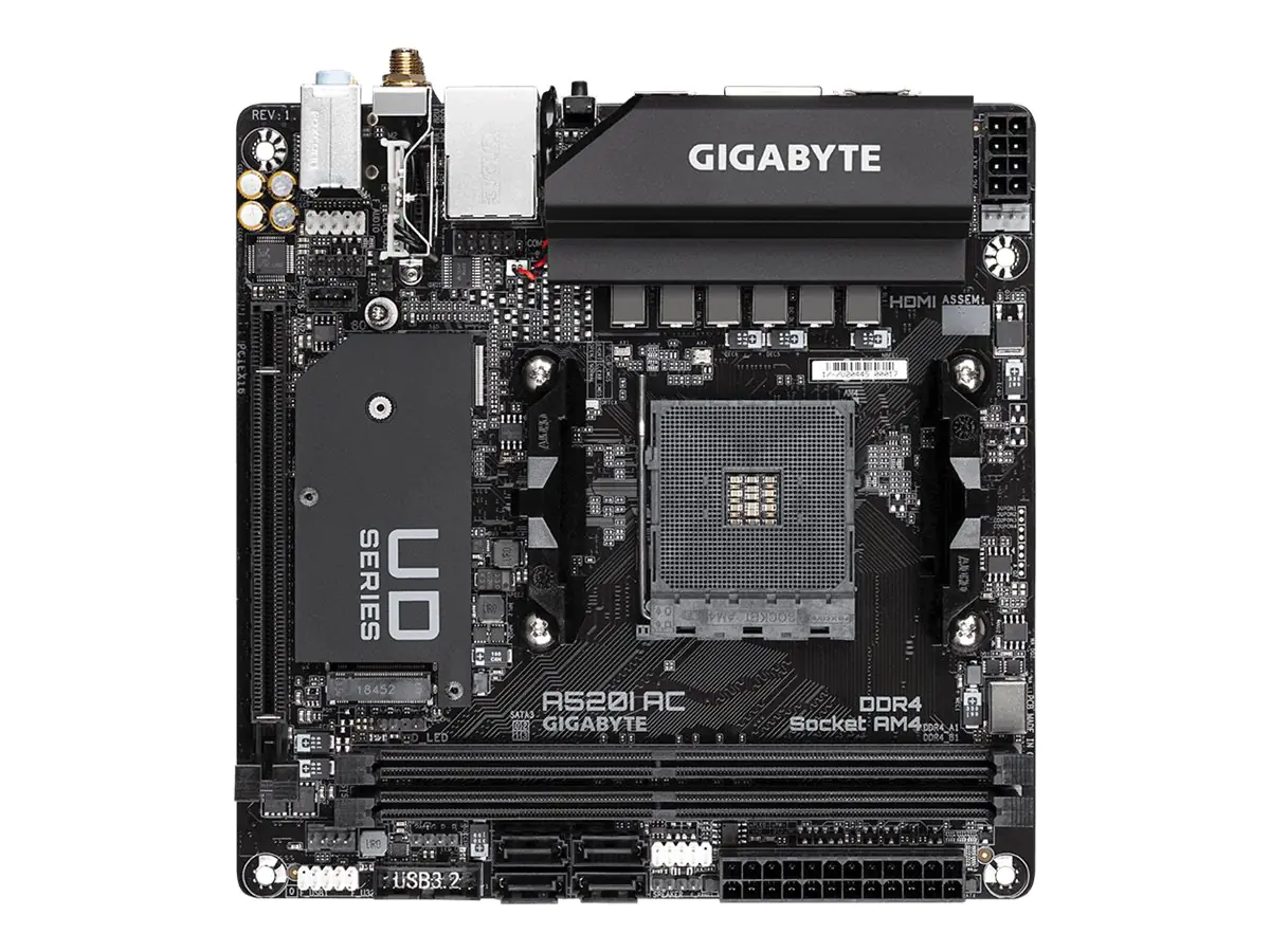 Gigabyte A520I AC - 1.0 - Motherboard - Mini-ITX - Socket AM4 - AMD A520 Chipsatz - USB 3.2 Gen 1 - Gigabit LAN, Wi-Fi, Bluetooth - Onboard-Grafik (CPU erforderlich) - HD Audio (8-Kanal)