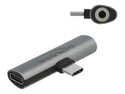 Delock - USB-C zu Kopfhöreranschluss / Ladeadapter - 24 pin USB-C männlich zu Mini-Stecker, 24 pin USB-C weiblich - Grau - USB Power Delivery (60W)