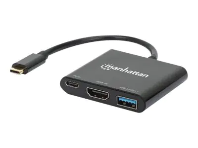 Manhattan USB-C Dock/Hub, Ports (x3): HDMI, USB-A and USB-C, With Power Delivery (100W) to USB-C Port (Note additional USB-C wall charger and USB-C cable needed), Cable 10cm, Black, Three Year Warranty, Retail Box - Dockingstation - USB-C 3.2 Gen 1 - HDMI