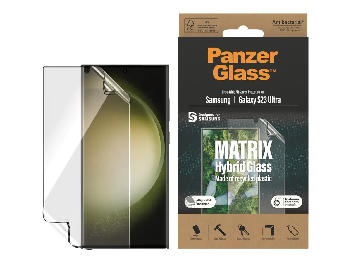 PanzerGlass Matrix Hybrid Glass - Bildschirmschutz für Handy - ultrabreite Passform mit AlignerKit - Folie - Rahmenfarbe schwarz - für Samsung Galaxy S23 Ultra