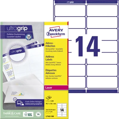 Avery Zweckform Adressetikett ultragrip 99,1 x 38,1 mm (B x H) Papier weiß 1.400 Etik./Pack. Avery Zweckform Adressetikett ultragrip 99,1 x 38,1 mm (B x H) Papier weiß 1.400 Etik./Pack.
