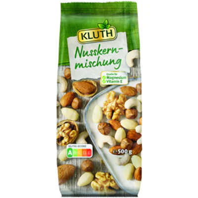 KLUTH Nussmischung Walnusskernen, knackigen Haselnusskernen, milden Cashewkernen, Mandelkernen 500 g/Pack. KLUTH Nussmischung Walnusskernen, knackigen Haselnusskernen, milden Cashewkernen, Mandelkernen 500 g/Pack.