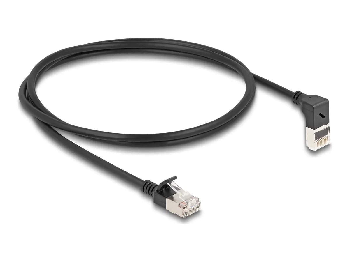 Delock - Netzwerkkabel - RJ-45 (M) nach oben angewinkelt zu RJ-45 (M) gerade - 1 m - 4.5 mm - S/FTP - CAT 6a - halogenfrei, ohne Haken - Schwarz