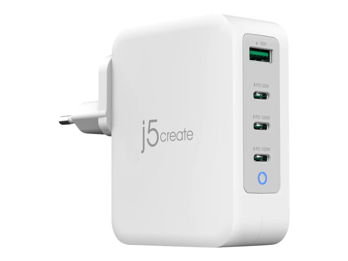 j5create JUP43130E - Netzteil - GaN - 130 Watt - 5 A - PD 3.0, PD 2.0, QC 4.0, Huawei Fast Charge, AFC, Apple 2.4A, USB BC 1.2 - 4 Ausgabeanschlussstellen (USB Typ A, 3 x USB-C) JUP43130E-EN