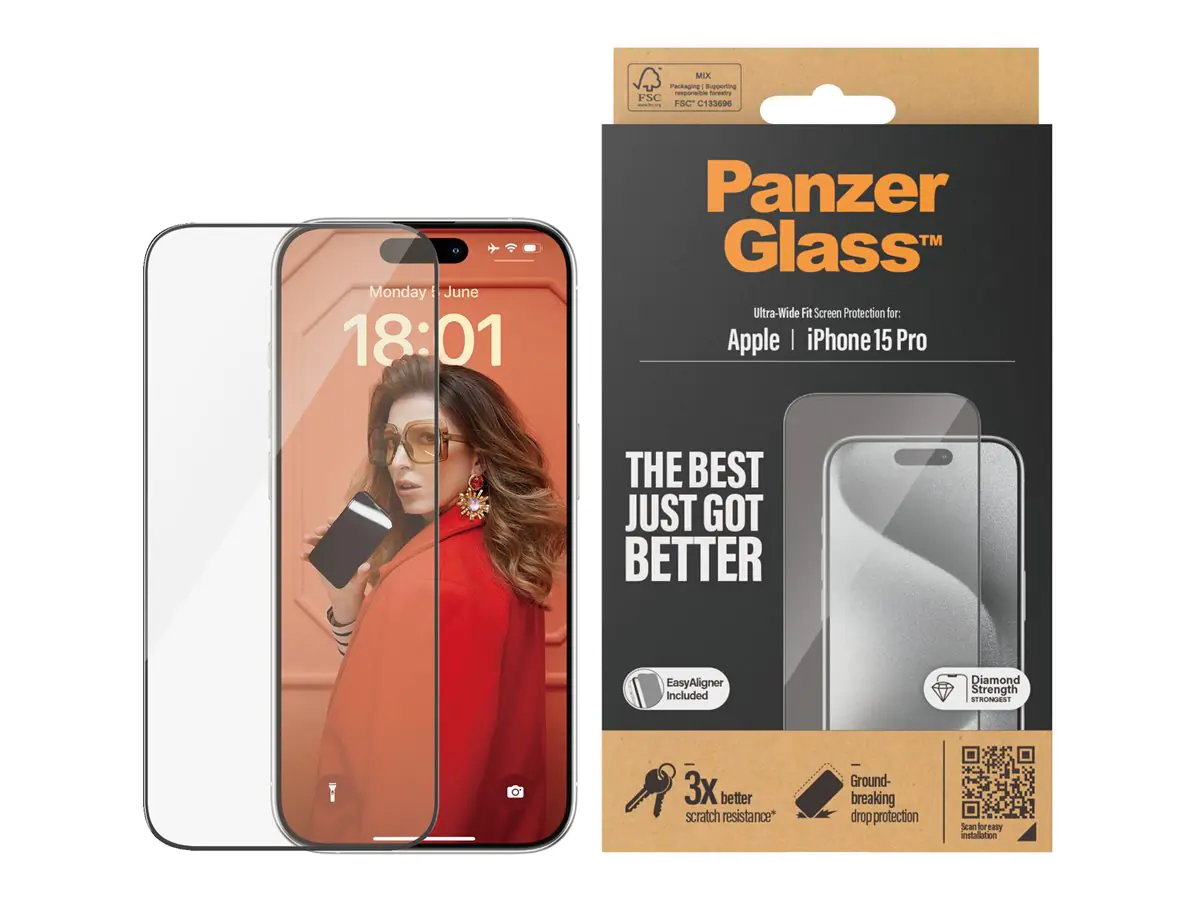 PanzerGlass - Bildschirmschutz für Handy - ultrabreite Passform mit EasyAligner - Glas - Rahmenfarbe schwarz - für Apple iPhone 15 Pro