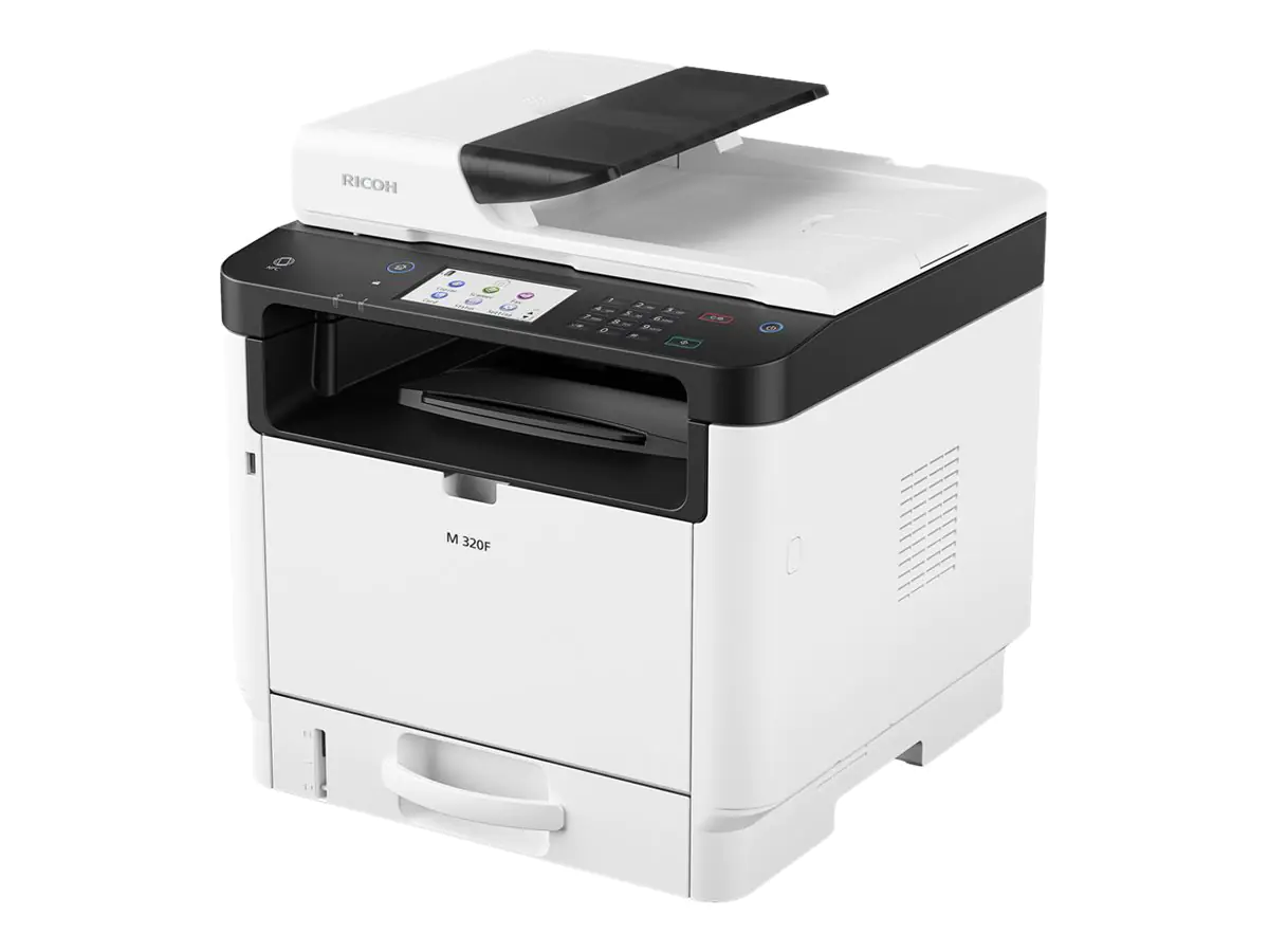 Ricoh M 320F - Multifunktionsdrucker - s/w - Laser - A4 (210 x 297 mm) (Original) - A4 (Medien) - bis zu 32 Seiten/Min. (Kopieren) - bis zu 32 Seiten/Min. (Drucken) - 300 Blatt - 33.6 Kbps - USB 2.0, LAN, NFC - Schwarz, weiß
