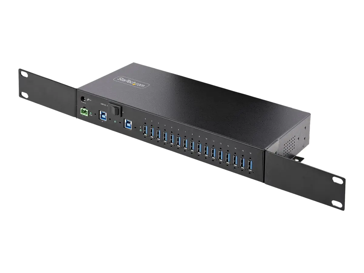 StarTech 16-Port Industrial USB 3.0 Hub 5Gbps, Metal, DIN/Surface/Rack Mountable, ESD Protection, Terminal Block Power, up to 120W Shared USB Charging, Dual-Host Hub/Switch (5G16AINDS-USB-A-HUB) - Hub - industriell - 16 x USB 3.2 Gen 1 - Desktop, an DIN-S