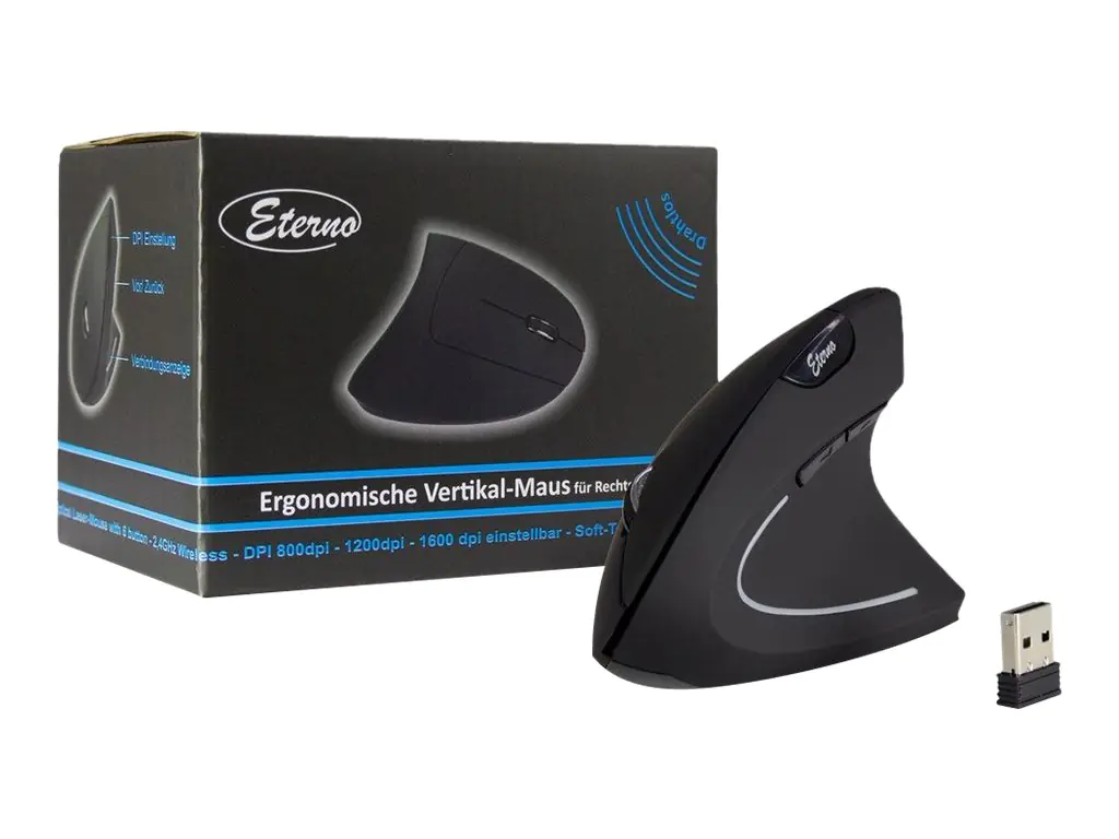 Eterno KM-206R - Vertikale Maus - ergonomisch - Für Rechtshänder - 6 Tasten - kabellos - 2.4 GHz - kabelloser Empfänger (USB) Eterno KM-206R - Vertikale Maus - ergonomisch - Für Rechtshänder - 6 Tasten - kabellos - 2.4 GHz - kabelloser Empfänger (USB)