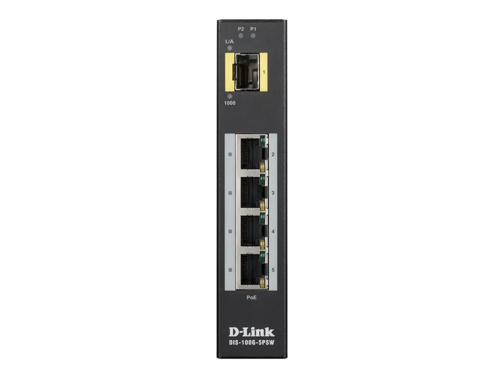 D-Link DIS 100G-5PSW - Switch - unmanaged - 4 x 10/100/1000 (PoE+) + 1 x Gigabit SFP - an DIN-Schiene montierbar, wandmontierbar - PoE+ (120 W) - Gleichstrom