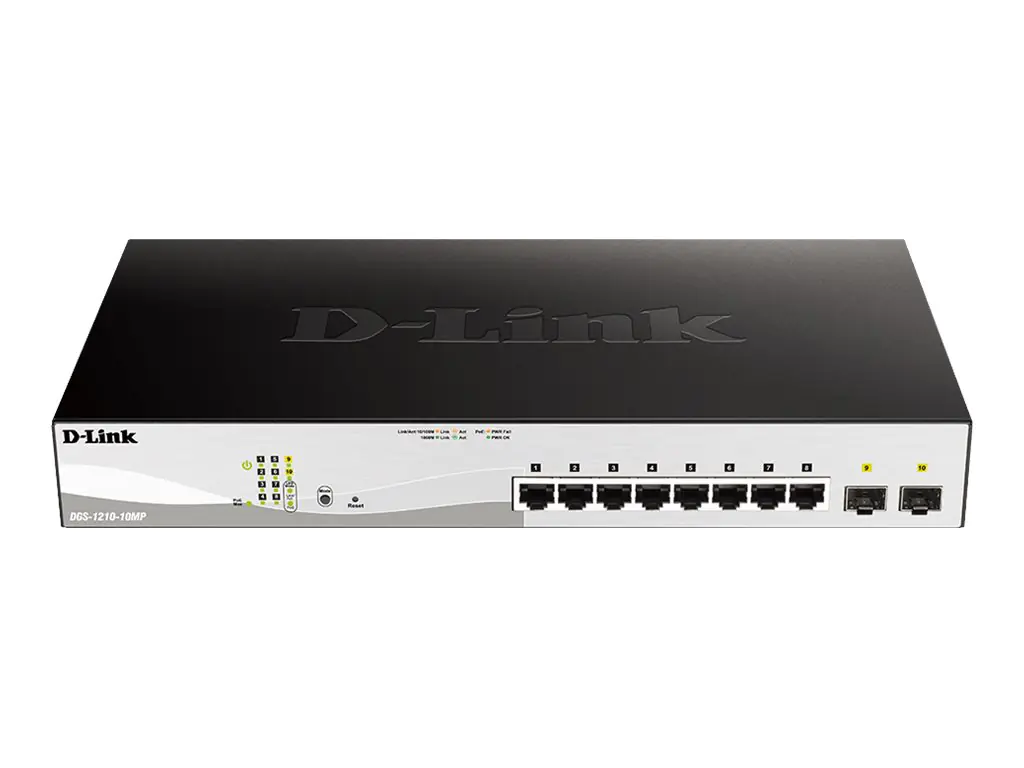 D-Link DGS 1210-10MP - Switch - L2+ - Smart - 8 x 10/100/1000 (PoE+) + 2 x Gigabit SFP - Desktop, an Rack montierbar - PoE+ (130 W)