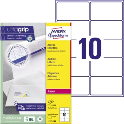 Avery Zweckform Adressetikett ultragrip 99,1 x 57 mm (B x H) Papier weiß 1.000 Etik./Pack. Avery Zweckform Adressetikett ultragrip 99,1 x 57 mm (B x H) Papier weiß 1.000 Etik./Pack.