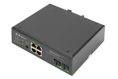 DIGITUS DN-651109 - Switch - unmanaged - 4 x 10/100/1000 (PoE+) + 2 x Gigabit SFP (Uplink) - an DIN-Schiene montierbar - PoE+ - DC power