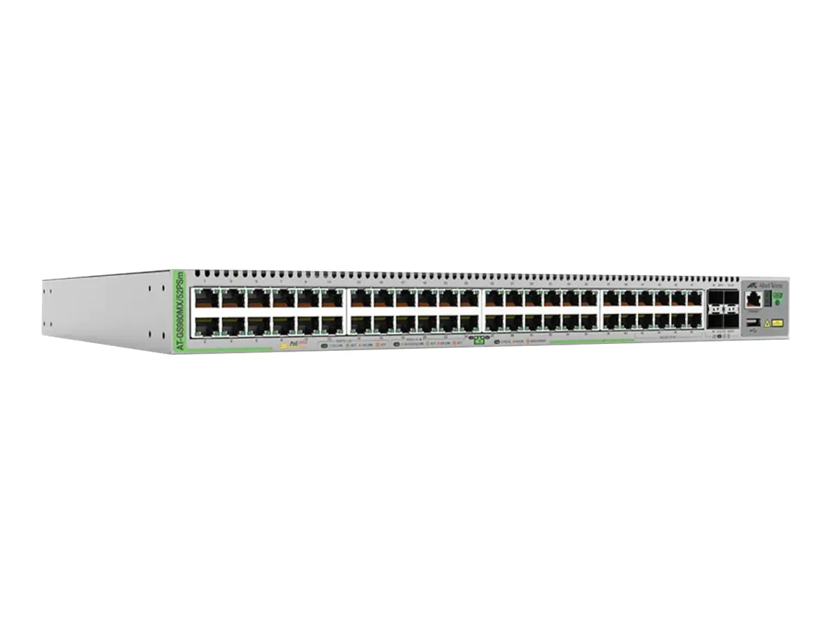 Allied Telesis CentreCOM AT-GS980MX/52PSM - Switch - L3 - managed - 40 x 10/100/1000 (PoE+) + 8 x 100/1000/2.5G/5G (PoE+) + 4 x 1 Gigabit / 10 Gigabit SFP+ - an Rack montierbar - PoE+ (370 W)