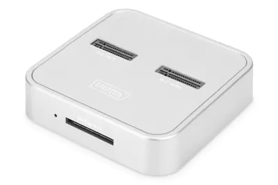 DIGITUS - SSD-Dockingstation mit Datenanzeige, SD Express Kartenlesegerät Schächte: 2 - M.2 - M.2 Card (PCIe NVMe & SATA) - USB-C 3.2 (Gen 2) - Silber