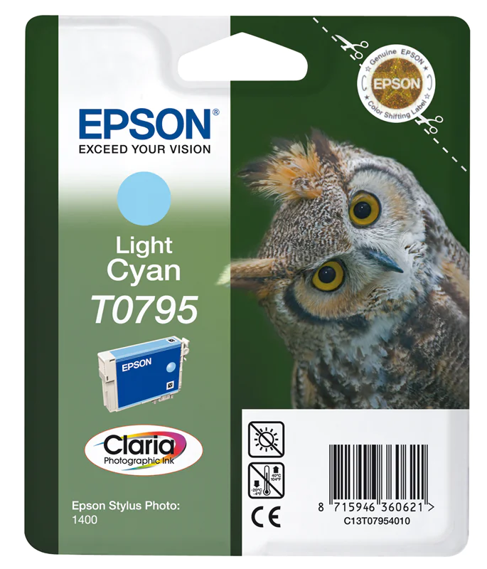 Epson T0795 - 11 ml - hell Cyan - Original - Blisterverpackung - Tintenpatrone - für Stylus Photo 1500, P50, PX650, PX660, PX710, PX720, PX730, PX800, PX810, PX820, PX830