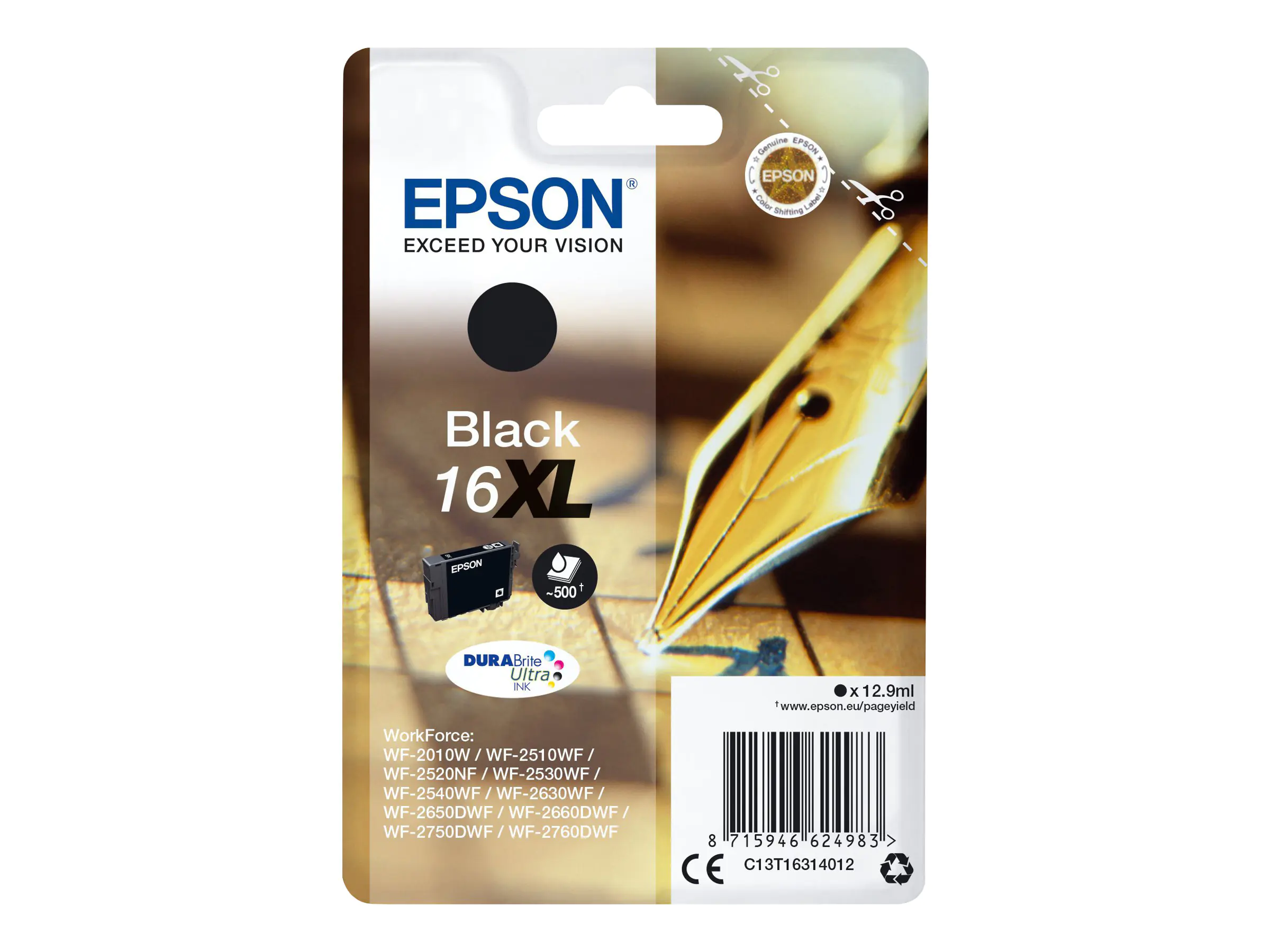Epson 16XL - 12.9 ml - XL - Schwarz - Original - Blisterverpackung - Tintenpatrone - für WorkForce WF-2010, 2510, 2520, 2530, 2540, 2630, 2650, 2660, 2750, 2760 Epson 16XL - 12.9 ml - XL - Schwarz - Original - Blisterverpackung - Tintenpatrone - für WorkForce WF-2010, 2510, 2520, 2530, 2540, 2630, 2650, 2660, 2750, 2760
