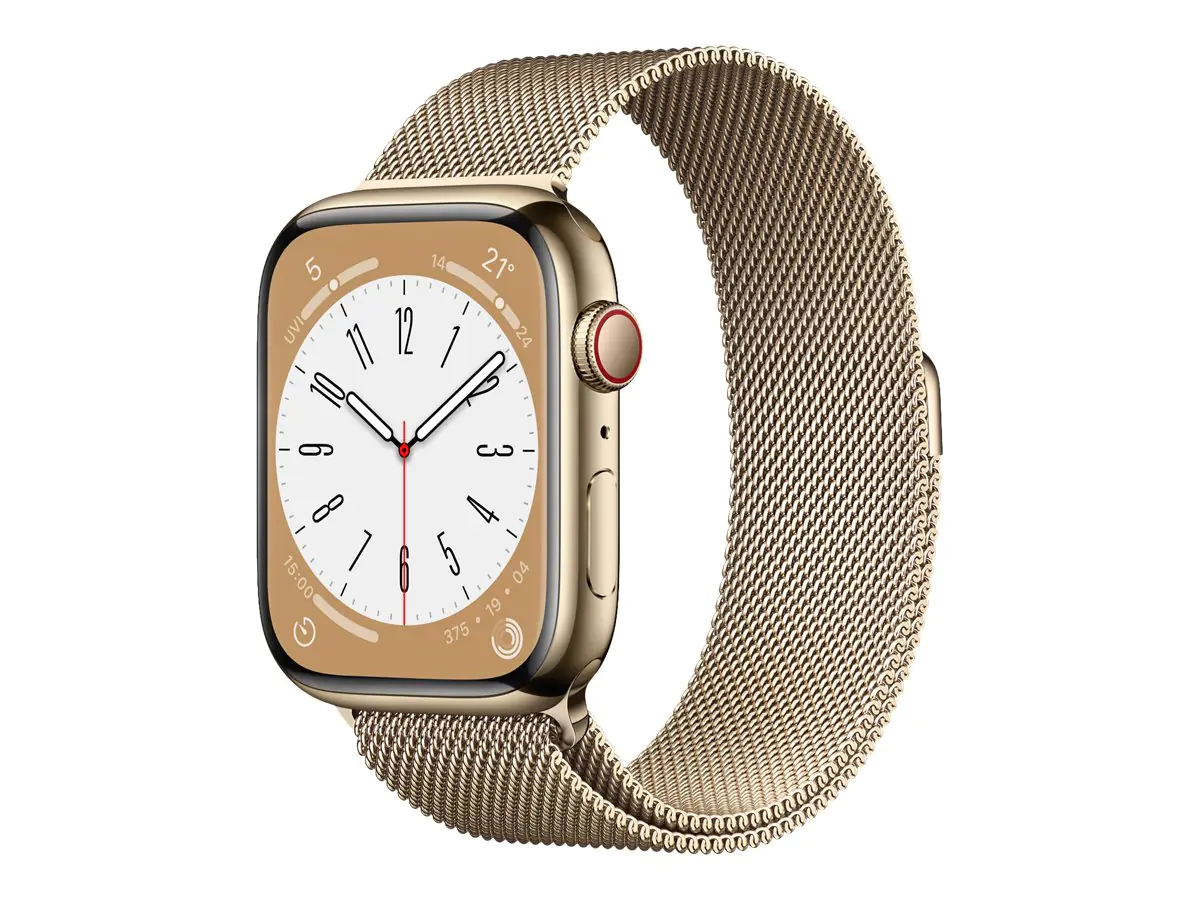 Apple Watch Series 8 (GPS + Cellular) - 45 mm - Gold, Edelstahl - intelligente Uhr mit Milanaise Armband - Handgelenkgröße: 150-200 mm - 32 GB - Wi-Fi, LTE, Bluetooth, UWB - 4G - 51.5 g
