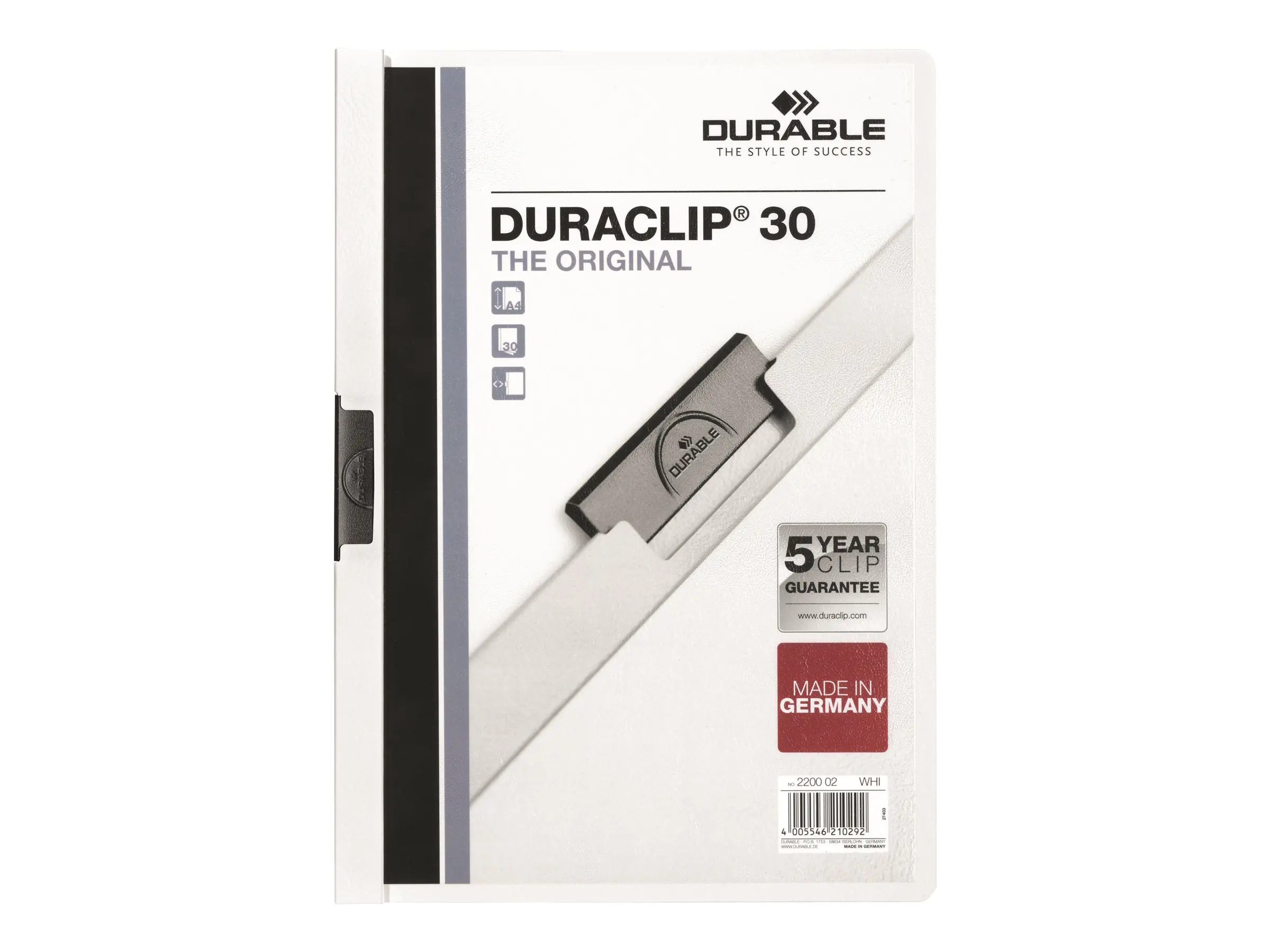 DURABLE Klemmmappe DURACLIP 30 220002 DIN A4 Hartfolie weiß
