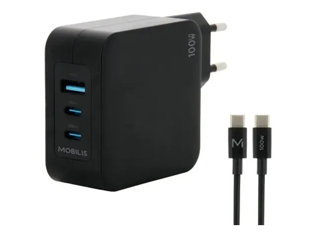 Mobilis Netzteil - schnell, GaN - 100 Watt - QC, PD/PPS - 3 Ausgabeanschlussstellen (USB, 2 x USB-C) 001365