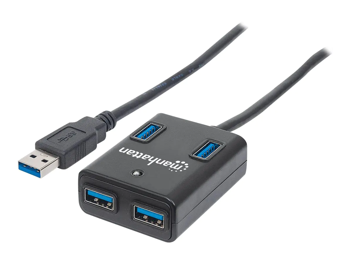 Manhattan USB-A 4-Port Hub, 4x USB-A Ports, 5 Gbps (USB 3.2 Gen1 aka USB 3.0), Bus Power, Fast charging x1 Port up to 0.9A or x4 Ports with power jack (not included), SuperSpeed USB, Black, Three Year Warranty, Blister - Hub - 4 x SuperSpeed USB 3.0 - Des