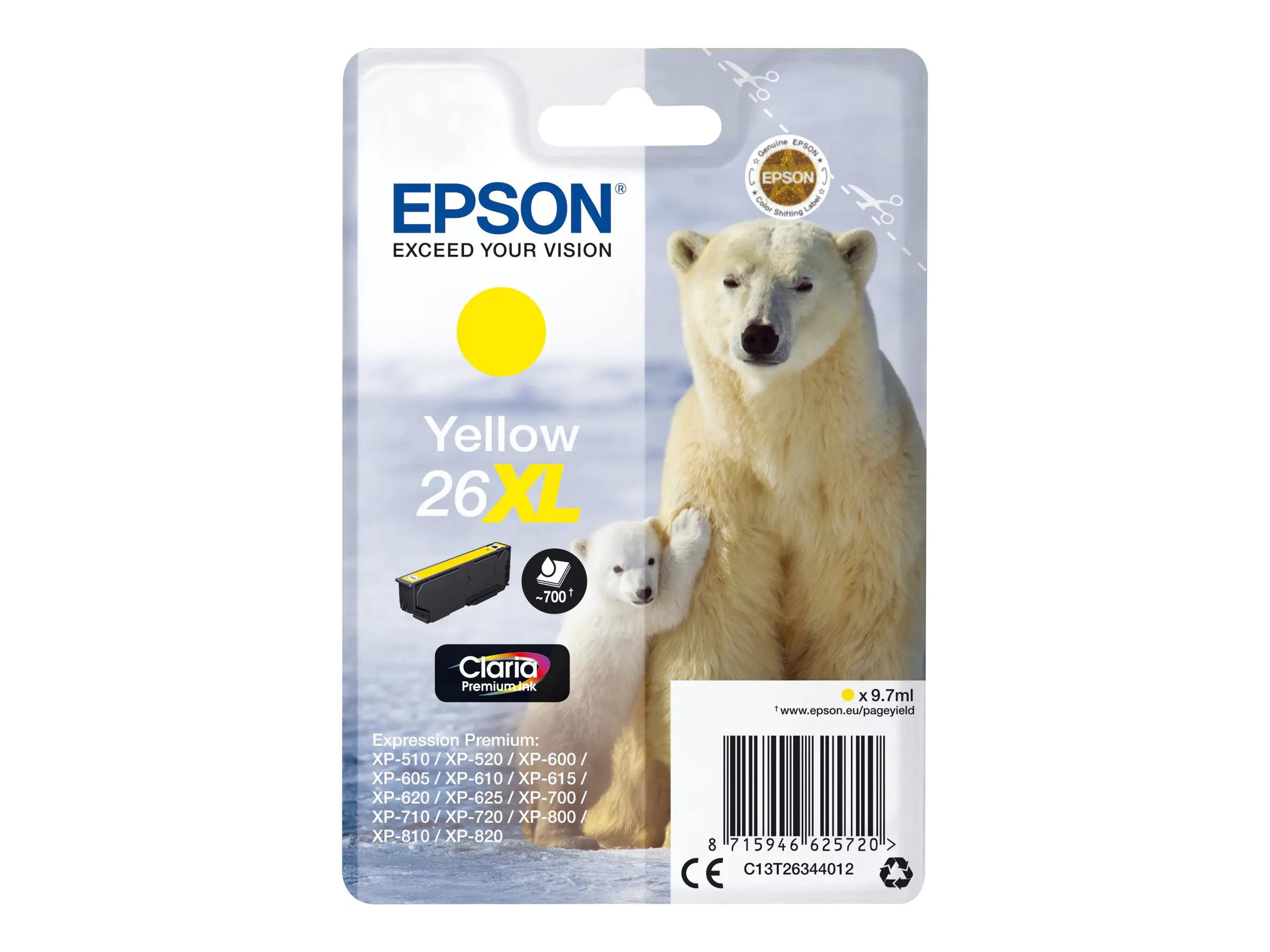 Epson 26XL - 9.7 ml - XL - Gelb - Original - Blisterverpackung - Tintenpatrone - für Expression Premium XP-510, 520, 600, 605, 610, 615, 620, 625, 700, 710, 720, 800, 810, 820
