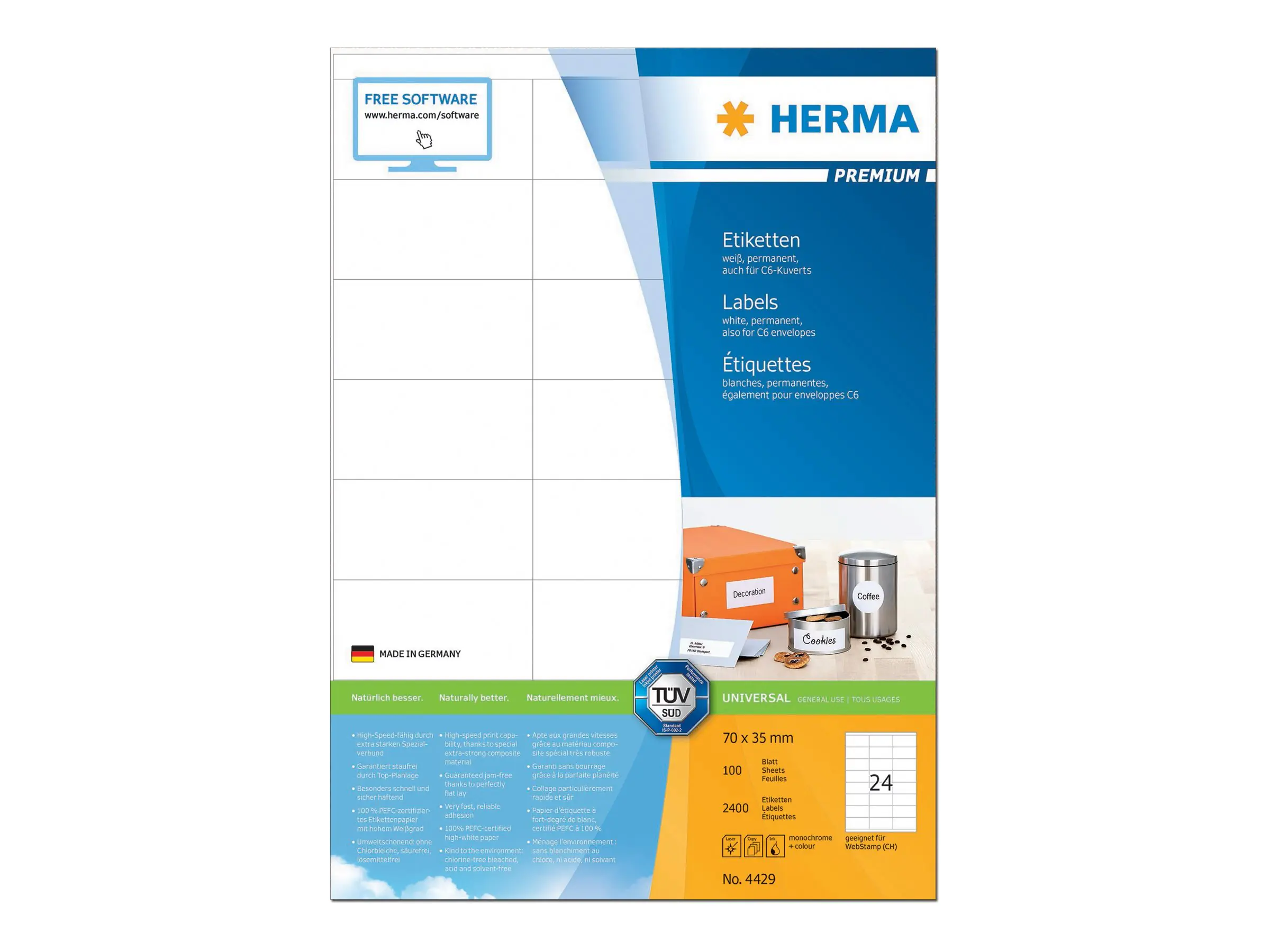 HERMA Etikett Premium 4429 70x35mm weiß 2.400 St./Pack.